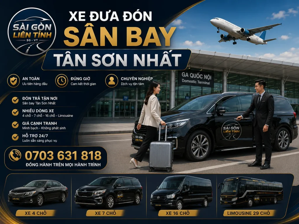 Dịch vụ xe đưa đón sân bay Tân Sơn Nhất hỗ trợ khách hàng di chuyển nhanh chóng 24/7.