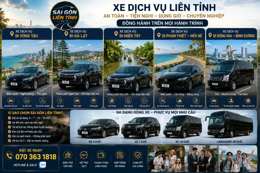 Xe Dịch Vụ 4-7-16-29 Chỗ TPHCM Đi Tỉnh, Sân Bay, Du Lịch 14 Dịch vụ xe TP.HCM đi Vũng Tàu linh hoạt thời gian và đưa đón tận nơi.