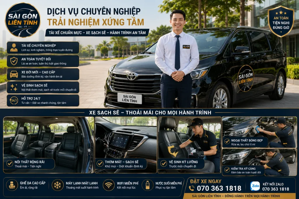 Xe Dịch Vụ 4-7-16-29 Chỗ TPHCM Đi Tỉnh, Sân Bay, Du Lịch 18 Đội xe đời mới và tài xế kinh nghiệm giúp khách an tâm khi di chuyển.