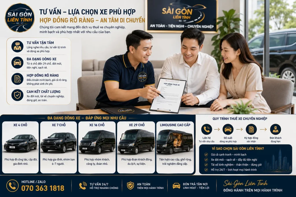 Xe Dịch Vụ 4-7-16-29 Chỗ TPHCM Đi Tỉnh, Sân Bay, Du Lịch 19 Kiểm tra lịch trình và loại xe giúp thuê xe dịch vụ tiết kiệm hơn.