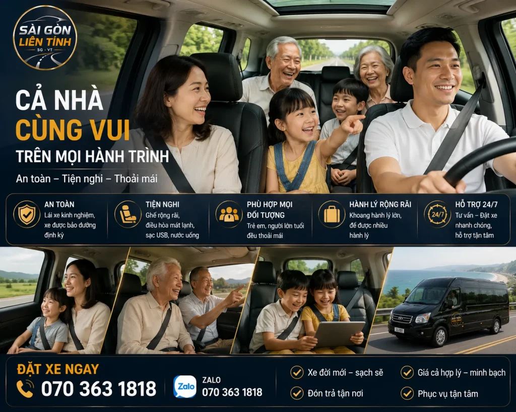 Xe Dịch Vụ 4-7-16-29 Chỗ TPHCM Đi Tỉnh, Sân Bay, Du Lịch 16 Xe du lịch gia đình mang lại sự riêng tư và thoải mái cho chuyến đi.